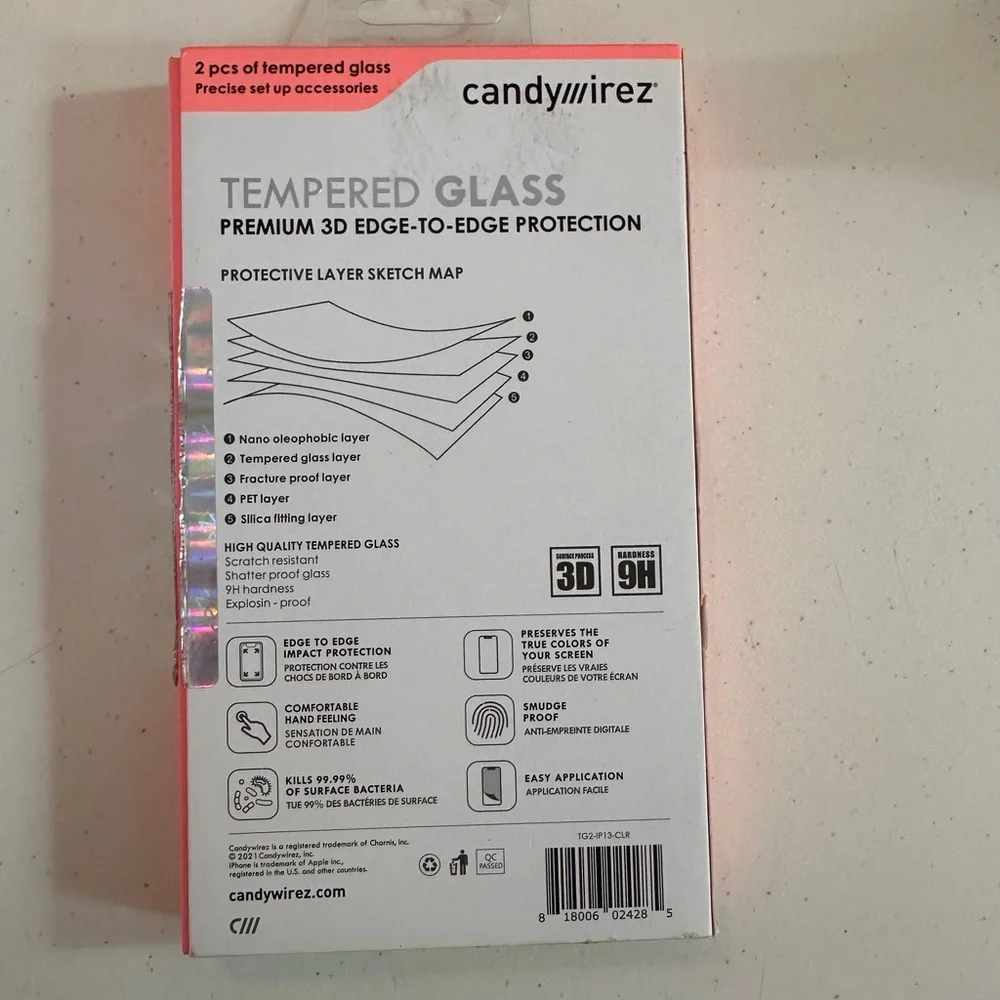 Candyirez Antibacterial Incluides 2 Tempered Glass, Iphone 13 5.4”. New in box.